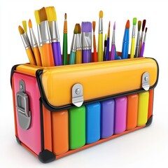 A colorful toolbox filled with various paintbrushes and vibrant paint tubes, ideal for artists and creative projects.