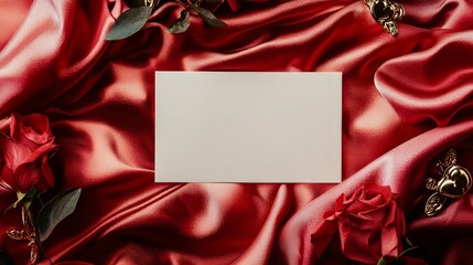 Valentine mockup card and heart background minimal. Valentine s Card Mockup on Red Silk Fabric with Rose and Heart Embellishments Arrangement.