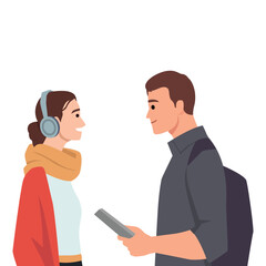 Man and woman share a moment of conversation, woman wearing headphones and man holding tablet. Flat vector illustration isolated on white background