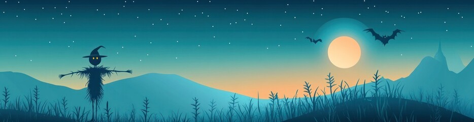 Spooky scarecrow silhouette in a Halloween night landscape with bats and full moon.