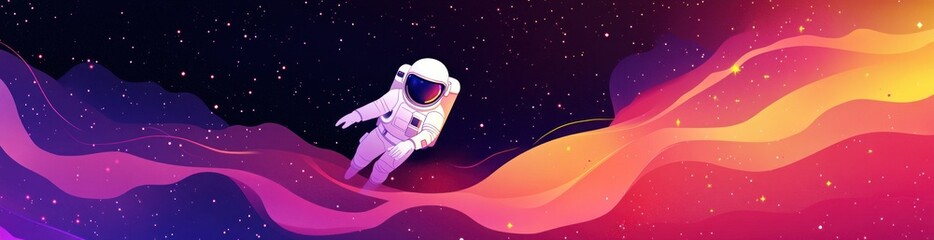 Astronaut floating in vibrant cosmic nebula, stars and colorful gas clouds.