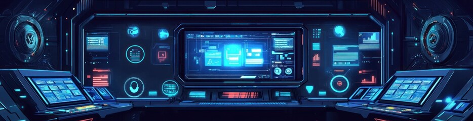 Futuristic control panel with glowing screens displaying data and graphs in a dark room.