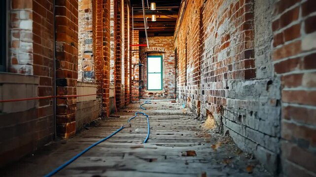 Brick Corridor: An old brick hallway is illuminated by a single window, revealing the worn-out wooden floors and exposed brickwork. The space feels both abandoned and hopeful.
