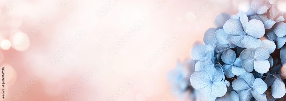 Wall mural Pastel blue hydrangea blossoms against a soft pink bokeh background.