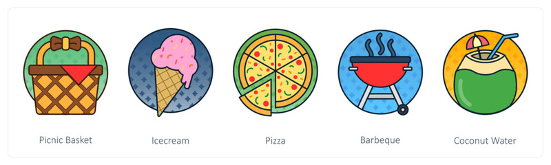 A set of 5 Travel icons as picnic basket, ice cream, pizza