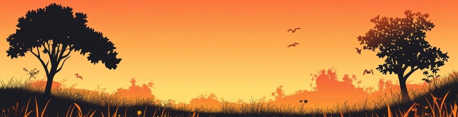 Silhouette of two trees at sunset over grassy field.