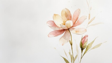Fototapeta premium Soft pink flower blooming elegantly with delicate petals and green stems in a serene watercolor style