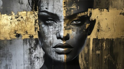 Abstract portrait artwork featuring a striking face against a metallic background in a contemporary art gallery