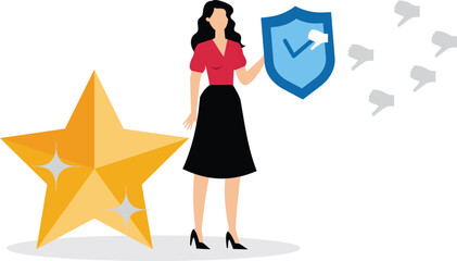 Protect brand reputation, trust or manage negative customer review, feedback or engagement, marketing solution, strategy concept, businesswoman shield protect star reputation form thumb down feedback
