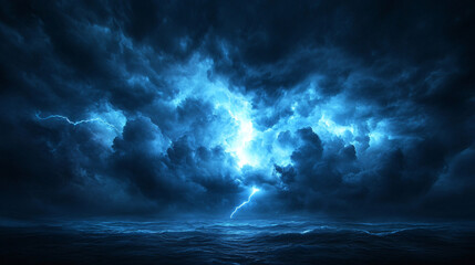 Dramatic lightning strikes illuminate a dark blue stormy sky during a thunderstorm at night