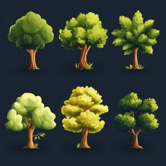Collection of Cartoon Style Trees on Dark Background for Nature Design