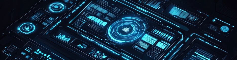 Futuristic digital interface with glowing blue data streams and various charts.