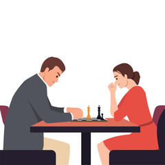 Obraz premium Man and a woman sit across from each other at a table, deeply engaged in a chess match. Flat vector illustration isolated on white background