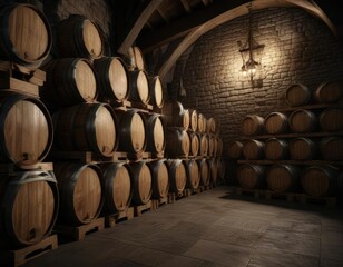 Wooden oak wine barrels arranged in triangle formation in dark cellar, cellar, triangle