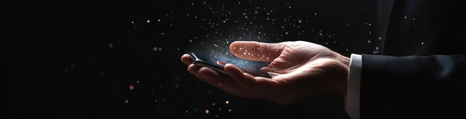 Fototapeta premium Hand holding smartphone with glowing particles.
