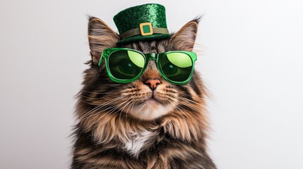 Fototapeta premium A stylish tabby cat dressed in a green hat and round sunglasses, posing confidently against a white studio background. This fashionable feline brings a fun and quirky attitude to a festive St. Patrick