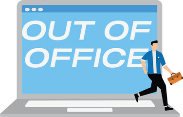 Out of office notice message, vacation or holiday leave sticky on laptop, note or summer break announcement, email notification concept, businessman leave out of office message on computer laptop