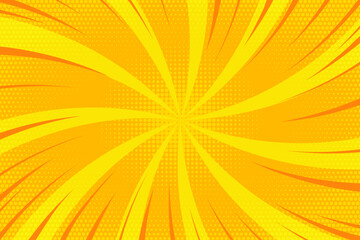 Obraz premium Yellow comic background with radial rays of light. Cartoon manga starburst and pop art dotted effect. Retro anime vector beams on orange backdrop with action lines.