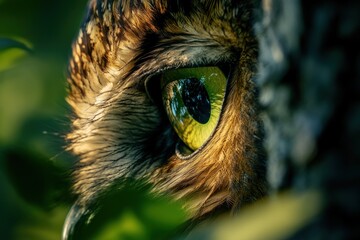 Close-up of a great horned owl's eye, showcasing its vibrant yellow iris and intricate feather details.
