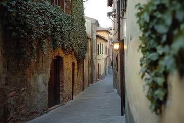 Fototapeta premium Narrow, ivy-covered alleyway in a historic European town. Cobblestone path, old buildings, evening light.