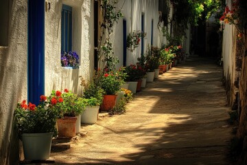 Naklejka premium Sunlit alleyway with whitewashed buildings, vibrant flowers in pots, and shadows.