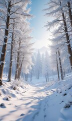 Obraz premium Winter wonderland scenery with snow covered trees, pine, snowfall