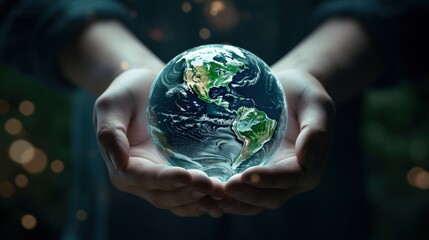 Fototapeta premium Close-Up of Hands Holding a Brightly Illuminated Earth Globe Surrounded by a Soft Glow in a Dark Environment