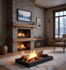 Winter scene with a fireplace in the background, snowy village, cold climate, festive lights