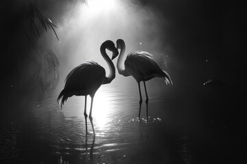 Two flamingos in love, necks intertwined, silhouetted against a bright background in a misty, dark environment.