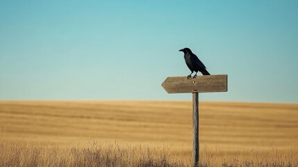 A black crow perched on a rustic wooden arrow sign pointing right, set against a vast golden wheat field under a clear blue sky.