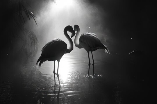 Two flamingos in love, necks intertwined, silhouetted against a bright background in a misty, dark environment.
