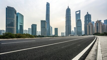 Fototapeta premium Wide asphalt road stretching through a modern cityscape with sleek skyscrapers and glass towers in the background, urban development, modern city