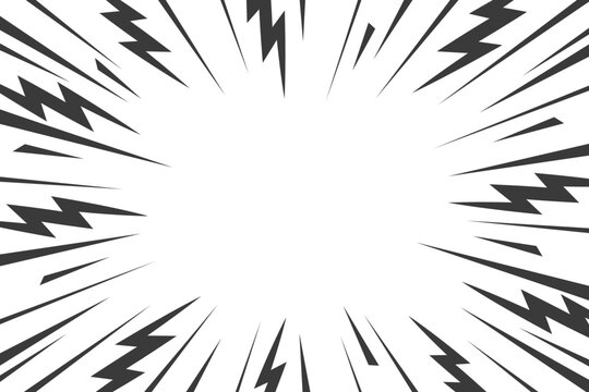 Cartoon comic background with lightning burst effect. Vector manga graphic with flash and abstract thunder. Energy explosion frame with electric light. Radial perspective monochrome beams