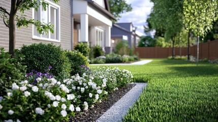 Obraz premium Beautifully Landscaped Home with Vibrant Garden and Green Lawn
