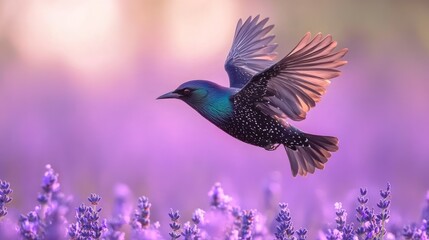 Fototapeta premium A vibrant purple bird in flight over a lavender field at sunrise.