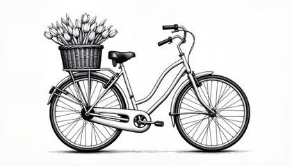 Black and white illustration of bicycle with tulips in basket