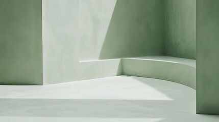 Sage green room, sunlight, corner bench, minimalist