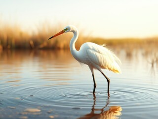 Fototapeta premium White egret wading through shallow waters with its long neck, bird in wade, aquatic life, white egret