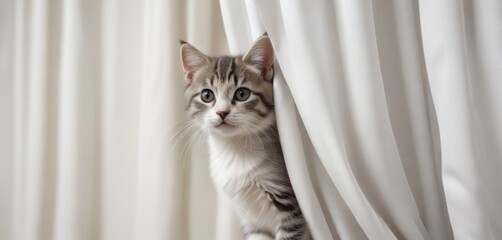 White and grey tabby kitten hiding behind a white curtain, cute, play
