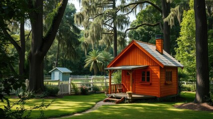 Whimsical orange wooden cottage in a secluded garden surrounded by towering trees and a small garden shed in the distance, whimsical, garden