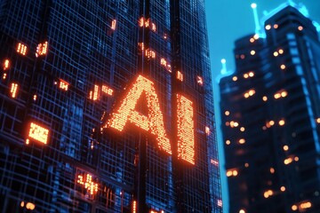 "AI" written in glowing digital code on an LED panel, floating above skyscraper windows at night. 