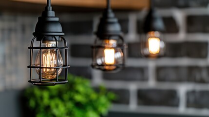 Three industrial-style pendant lights illuminate a cozy interior space.
