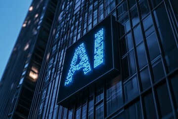 "AI" written in glowing digital code on an LED panel, floating above skyscraper windows at night. 