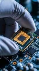Representing cutting-edge technology, the microchip gleams as it is meticulously held by a gloved hand.