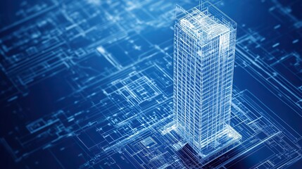 A 3D model and blueprint of a skyscraper, illustrating the process from concept to design.