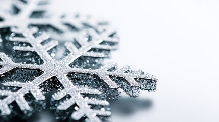 Fototapeta premium A close-up of a glittering silver snowflake on a light background.