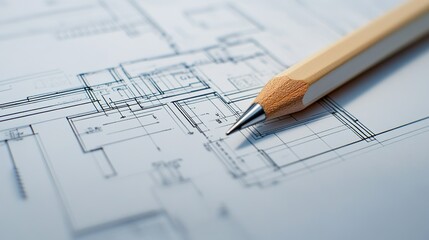 A close-up of architectural blueprints with a pencil and ruler, showcasing intricate design work.