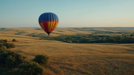 Fototapeta premium Vibrant Hot Air Balloon Soaring Over Serene Golden Fields at Sunrise