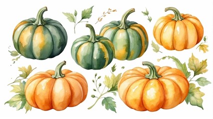 Colorful watercolor pumpkins with autumn leaves in a decorative arrangement on a white background