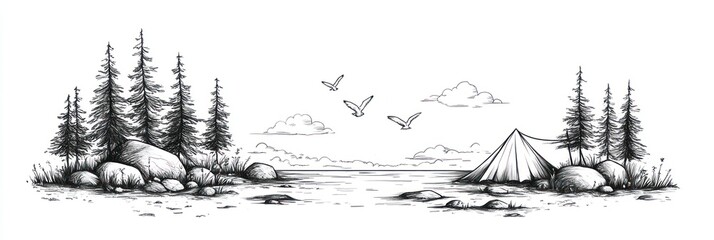 Lakeside Camping Scene with Pine Trees and Flying Birds